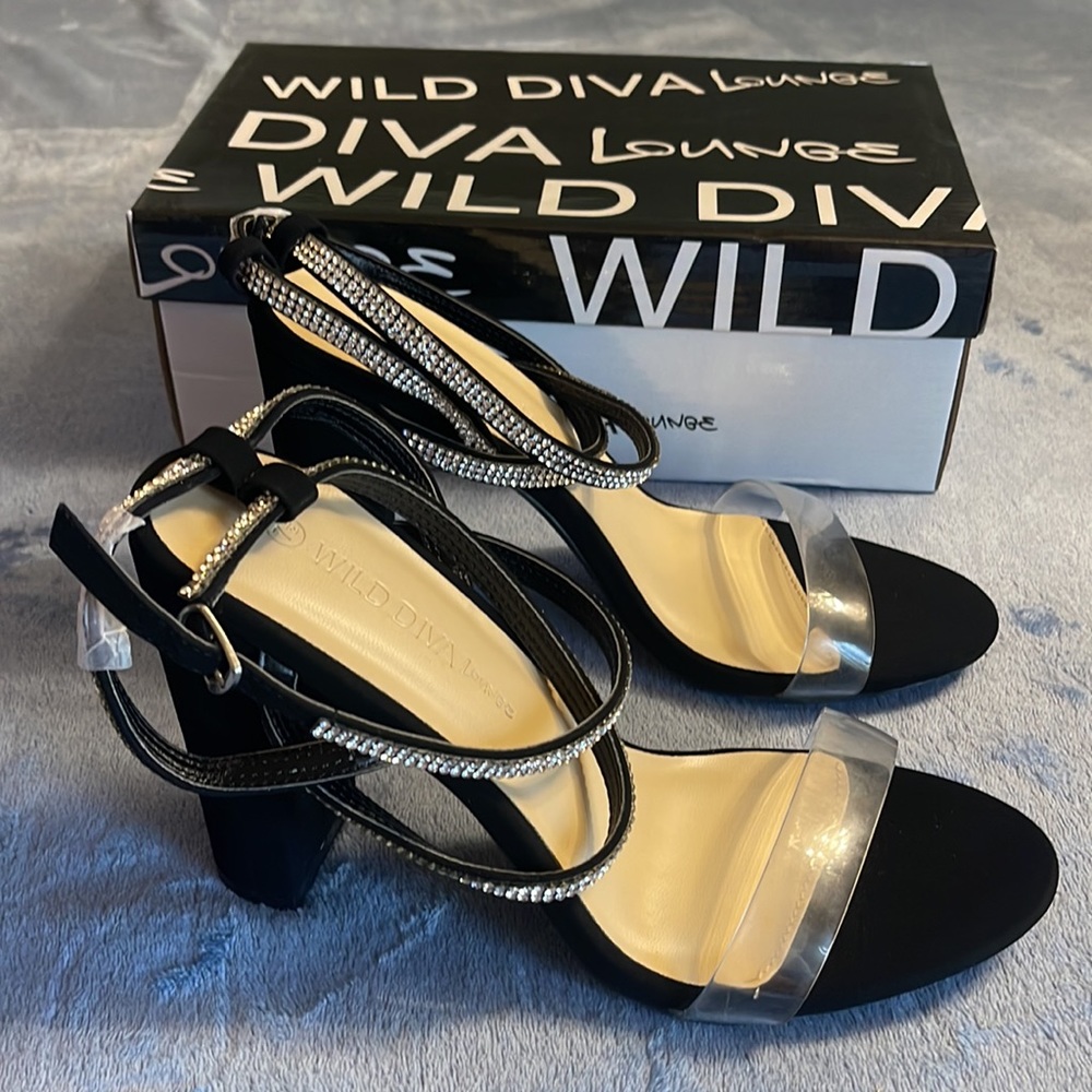 WILD DIVA lounge Black open toe clear heels Size 7.5